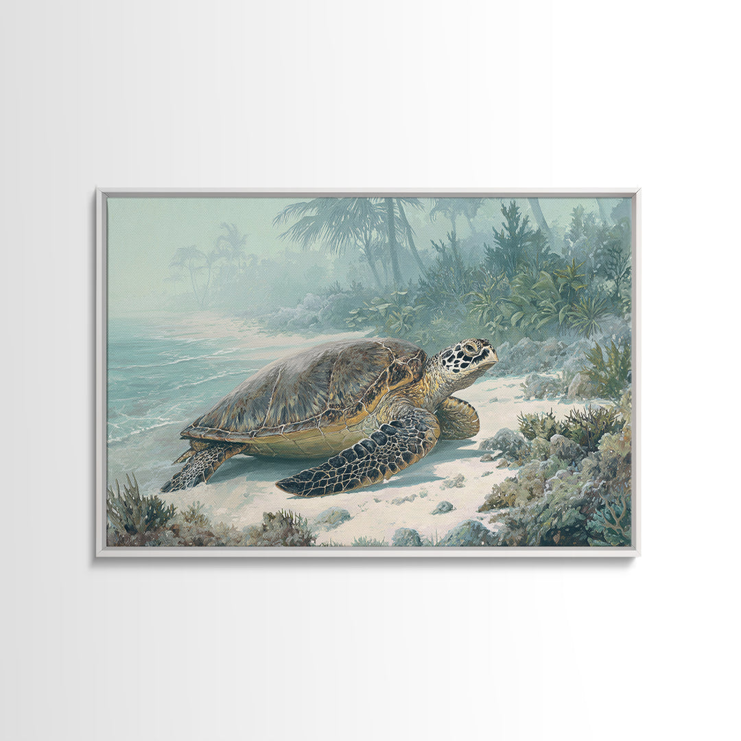 Sea Turtle Near Tropical Reef Framed Canvas Print, Tropical Art, Digital Art, Living Room Decor, Oil Painting, Tropic, TRO-3x2-47