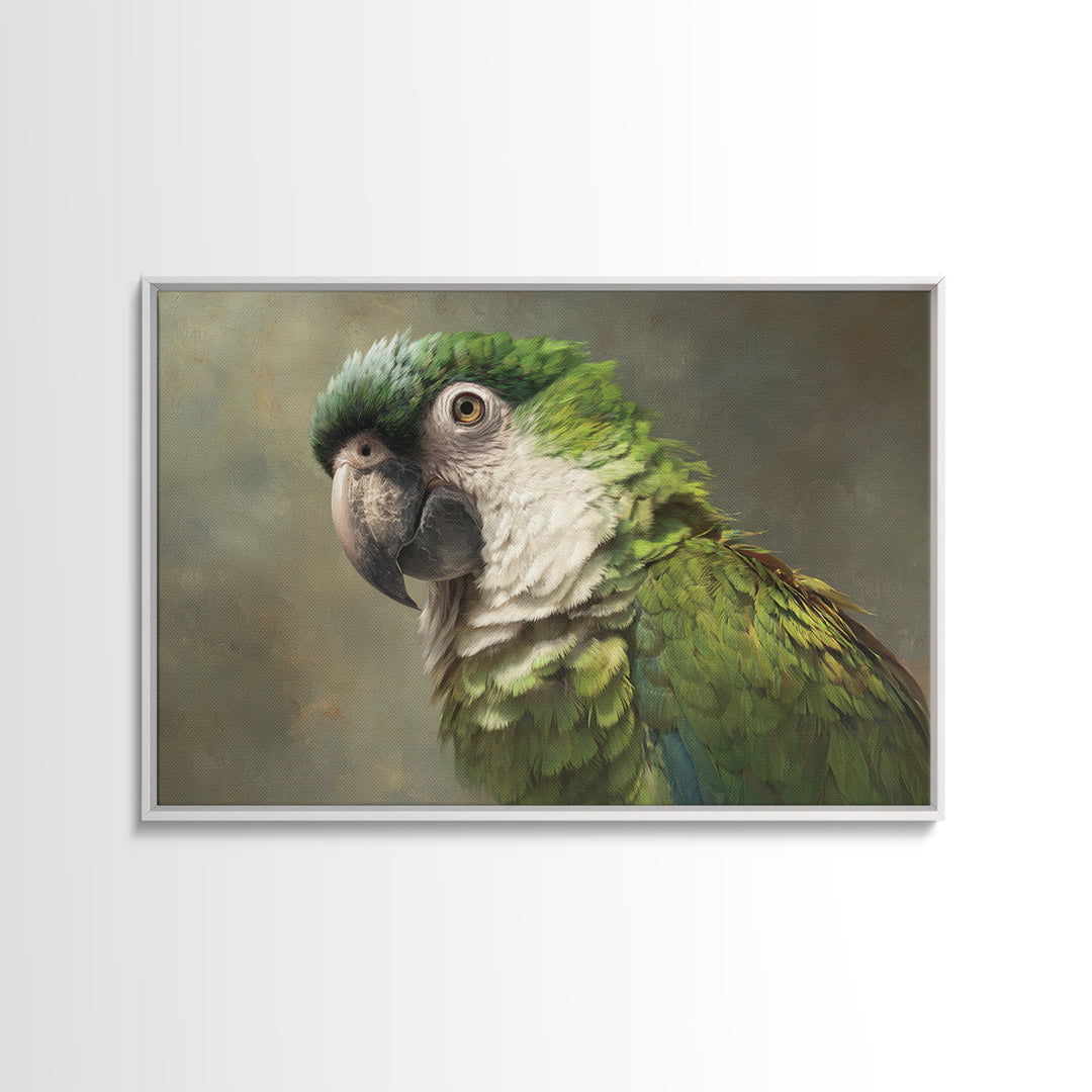 Parrot Portrait with Emerald Feathers Framed Canvas Print, Tropical Art, Textured Painting, Living Room Decor, Fine Art, Tropic, TRO-3x2-60