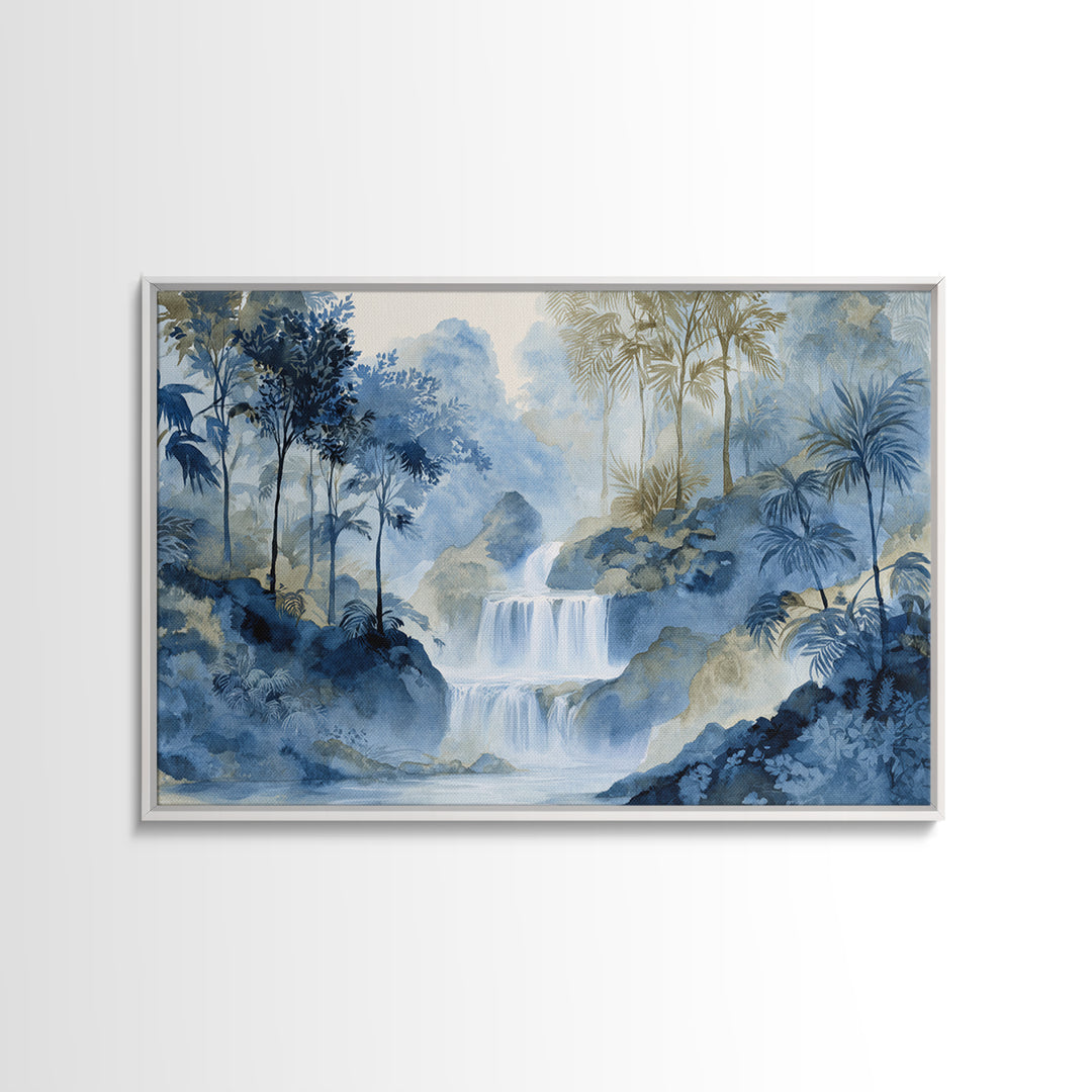 Jungle Waterfall with Misty Light Framed Canvas Print, Tropical Art, Beach Prints, Living Room Decor, Watercolor Art, Tropic, TRO-3x2-65