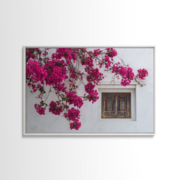 Pink Bougainvillea over White Wall Canvas Print, Tropical Art, Minimalist Decor, Living Room Decor, Fine Art, Tropic, TRO-3x2-68