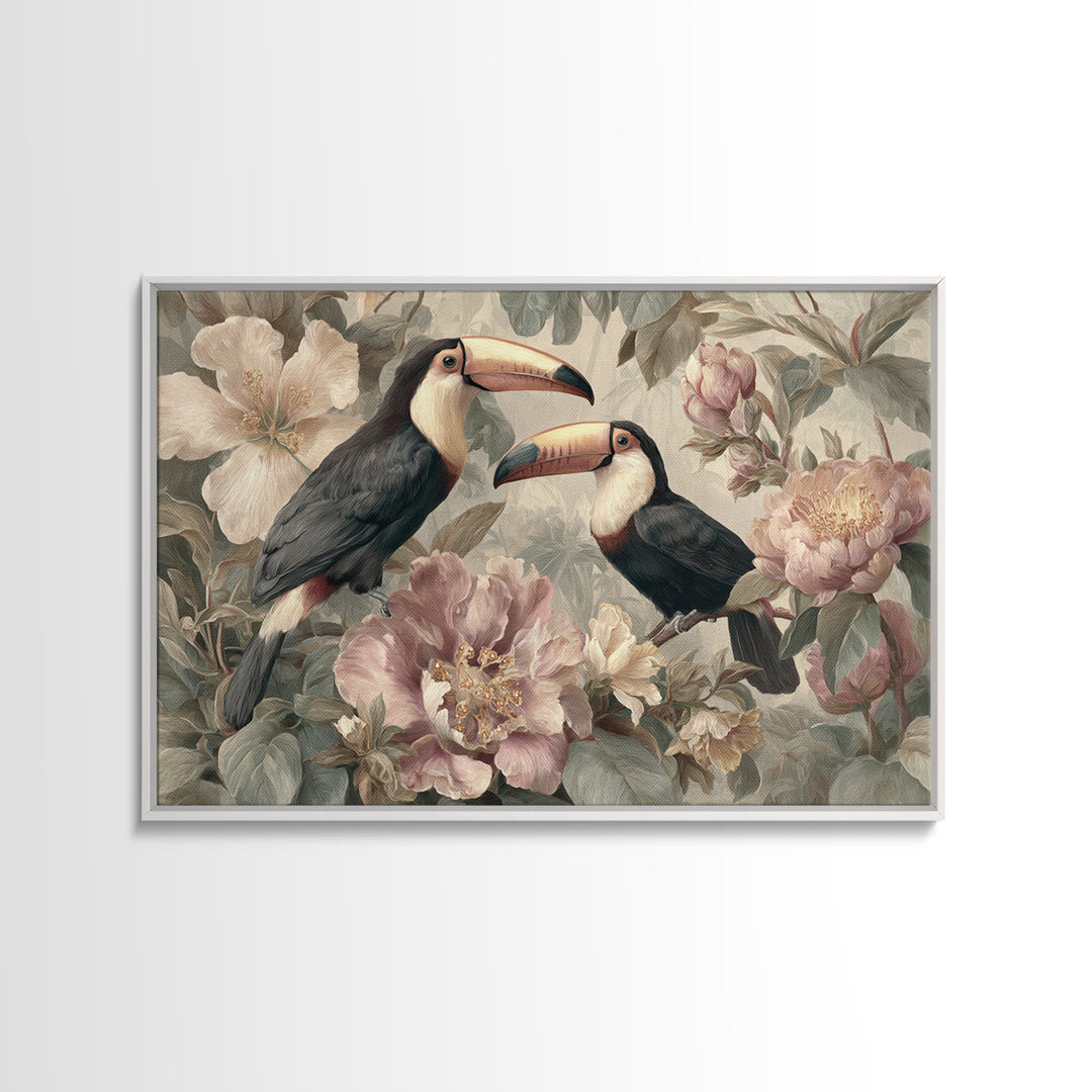 Toucans Surrounded by Bright Jungle Flowers Framed Canvas Print, Tropical Art, Printable Art, Living Room Decor, Tropic, TRO-3x2-7