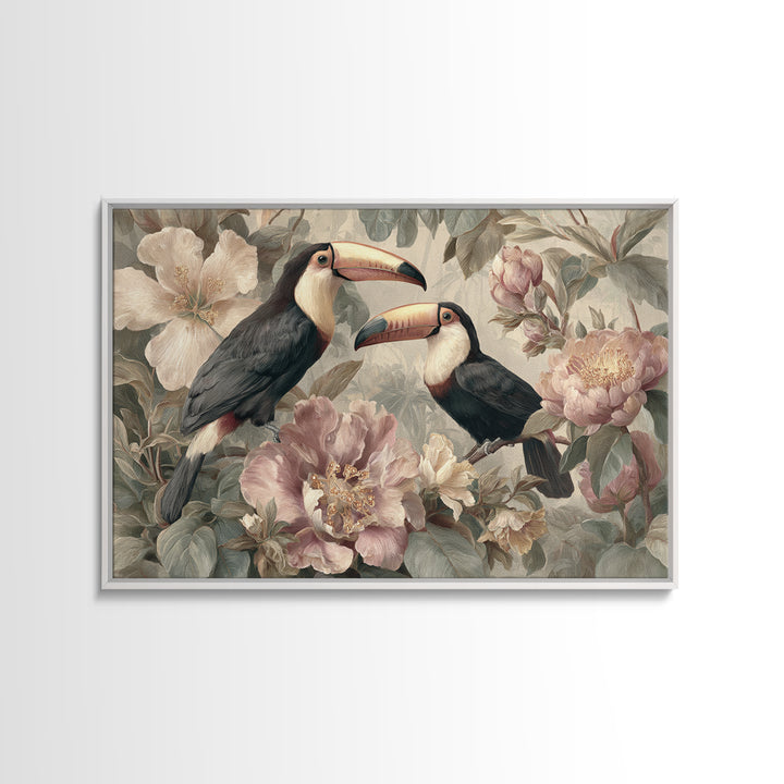 Toucans Surrounded by Bright Jungle Flowers Framed Canvas Print, Tropical Art, Printable Art, Living Room Decor, Tropic, TRO-3x2-7