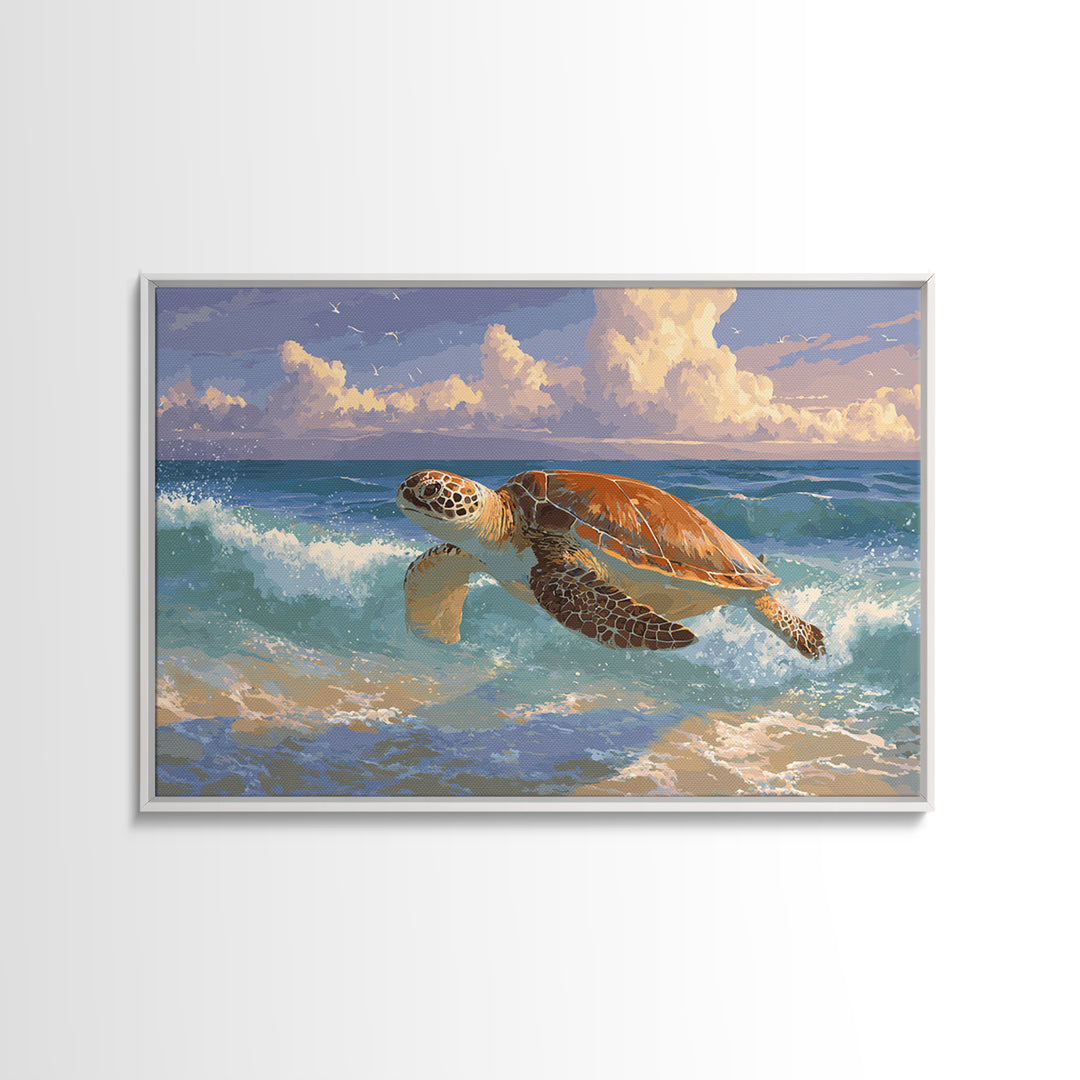 Sea Turtle Near Tropical Reef Framed Canvas Print, Tropical Art, Beach Prints, Living Room Decor, Watercolor Art, Tropic, TRO-3x2-71