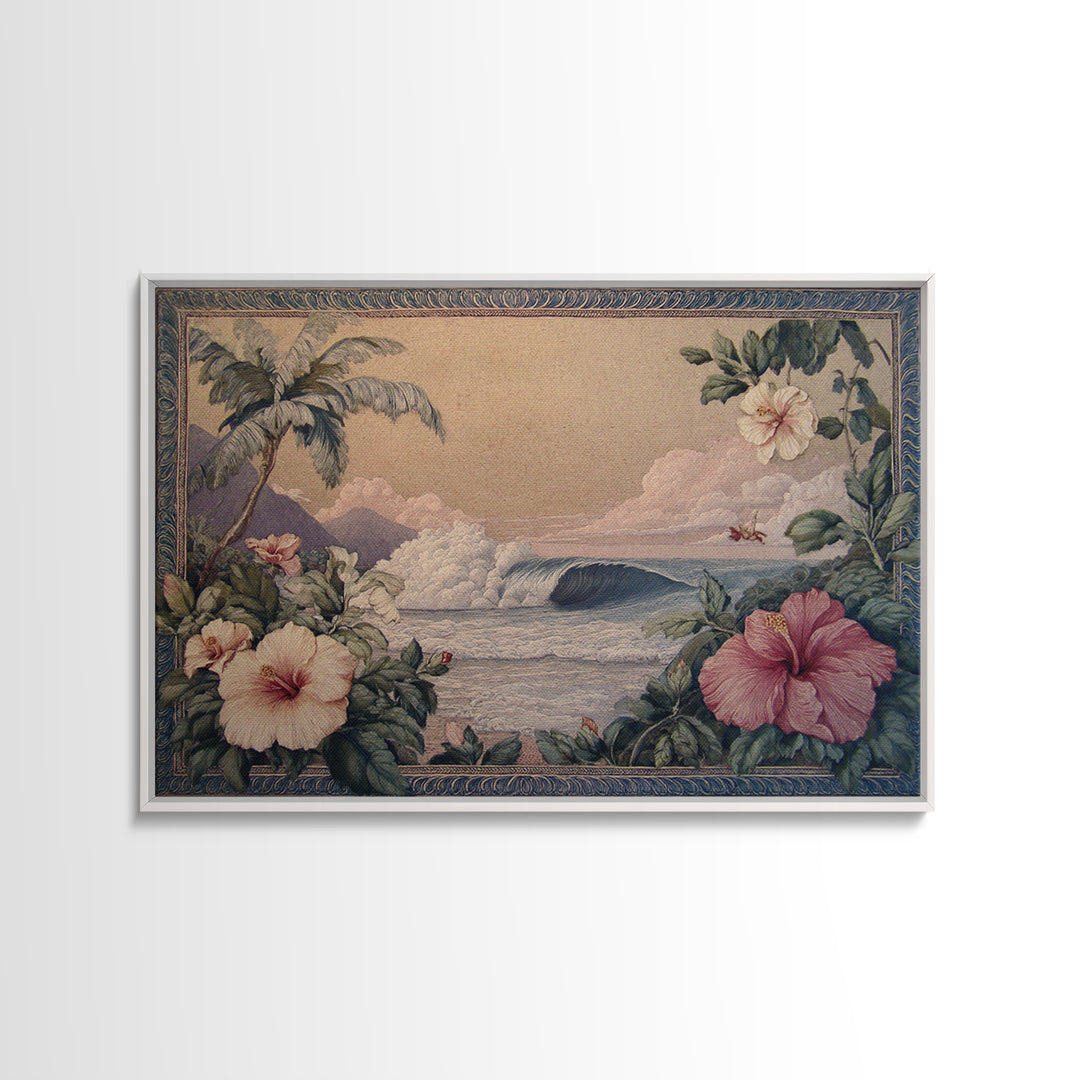 Sunset Surf Scene Framed Canvas Print, Tropical Art, Beach Decor, Living Room Decor, Oil Painting, Tropic, Fine Art Print, TRO-3x2-74