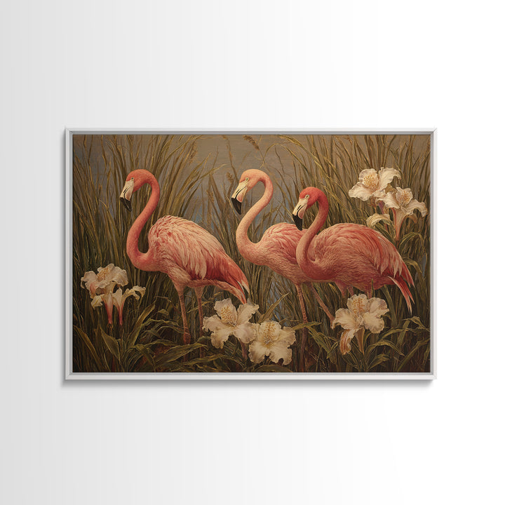 Pink Flamingos Among Tropical Water Plants Framed Canvas Print, Tropical Art, Whimsical Art, Living Room Decor, Tropic, TRO-3x2-78