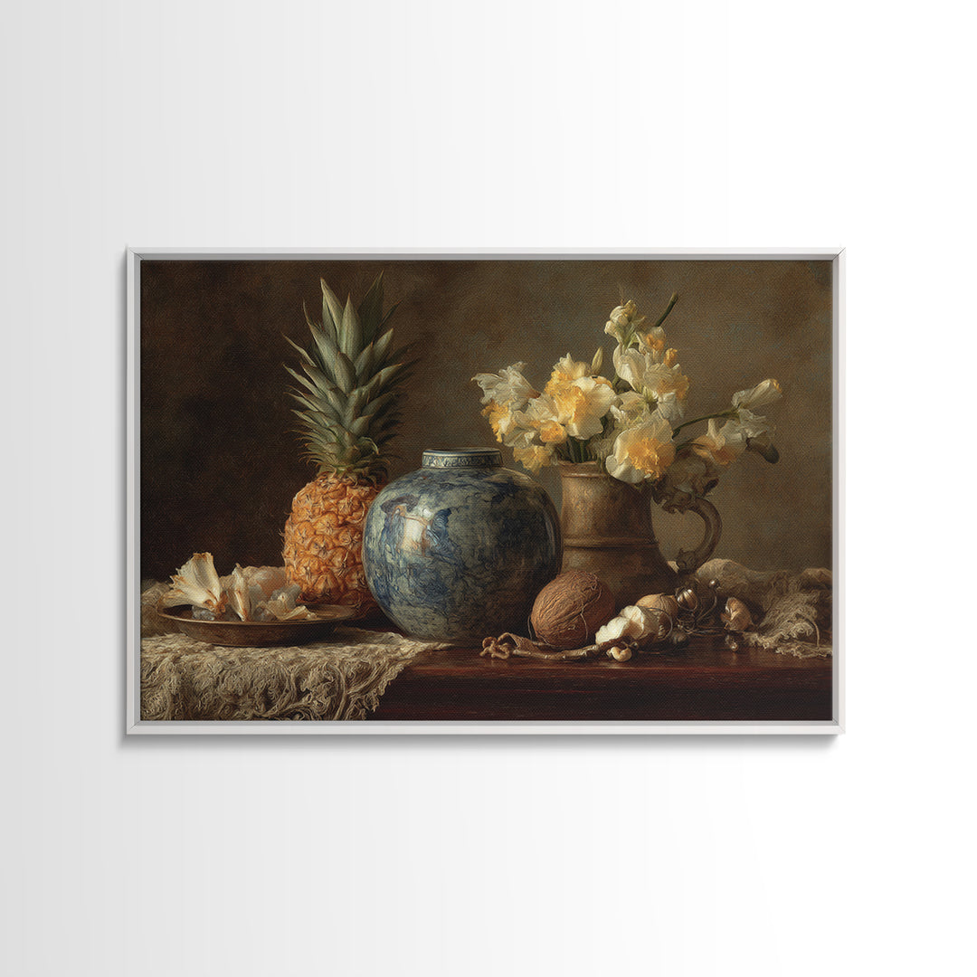 Pineapple and Palm Still Life Framed Canvas Print, Tropical Art, Botanical Art, Living Room Decor, Oil Painting, Tropic, TRO-3x2-82