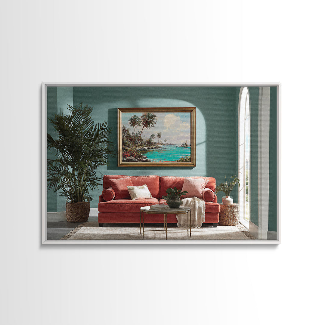 Tropical Lagoon with Turquoise Water Canvas Print, Tropical Art, Pink Wall Art, Living Room Decor, Tropic, Coastal Art, TRO-3x2-83