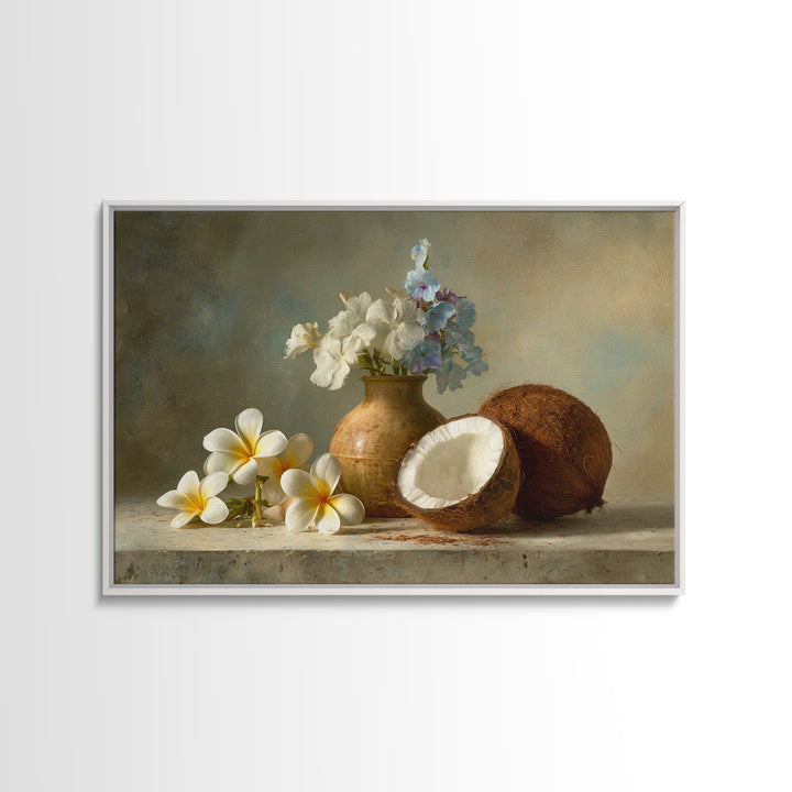 Coconut and Plumeria Still Life Canvas Print, Tropical Art, Decor, Living Room Decor, Tropic 588, Bird Art, Set of Prints, TRO-3x2-88