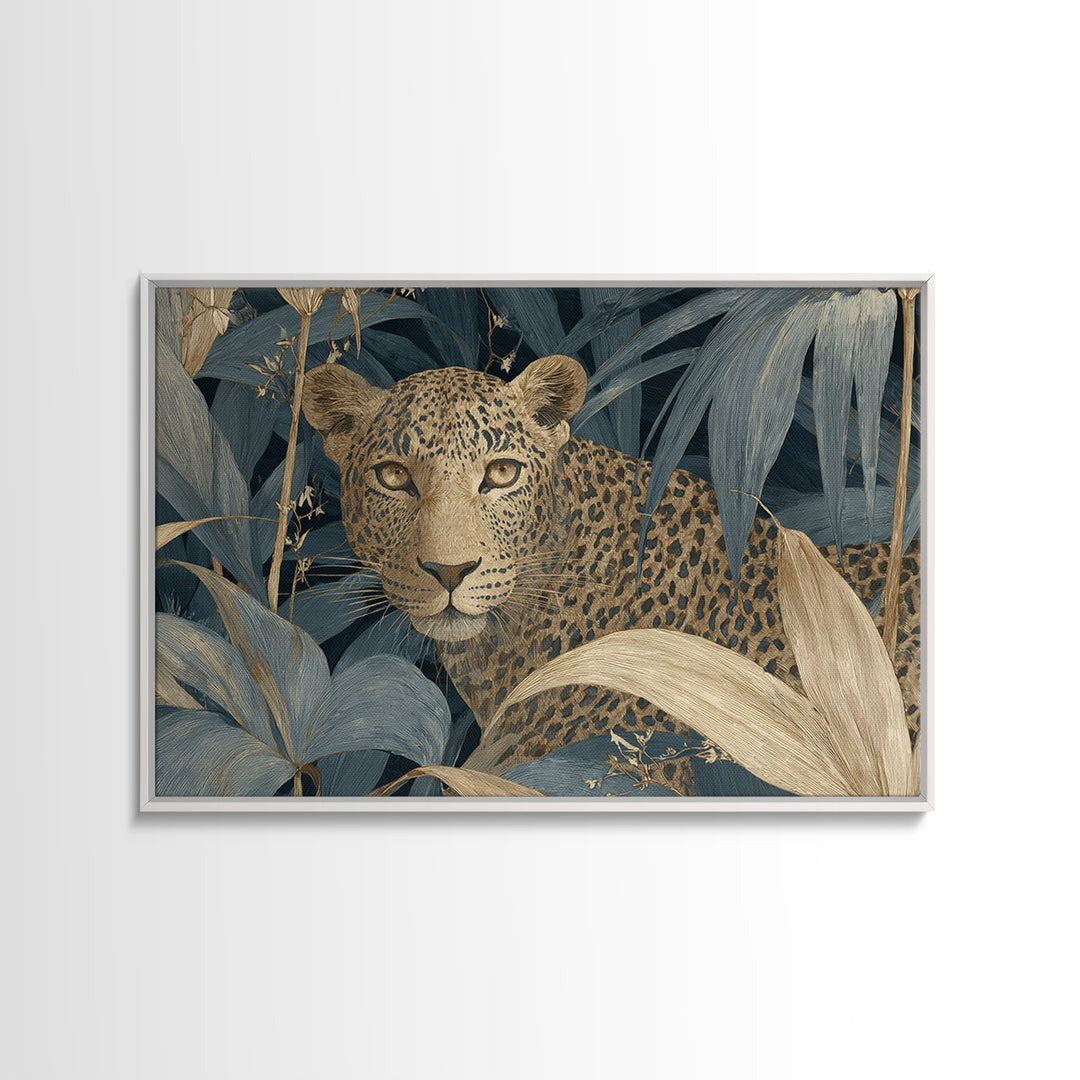 Leopard Hidden Among Palm Leaves Framed Canvas Print, Tropical Art, Coastal Art, Living Room Decor, Fine Art, Tropic, TRO-3x2-90