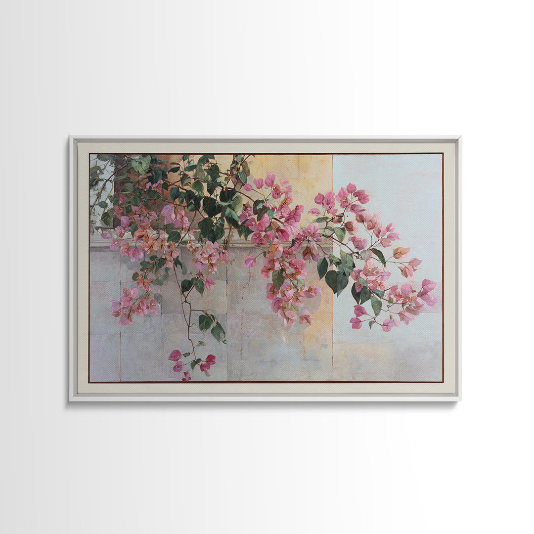 Pink Bougainvillea over White Wall Framed Canvas Print, Tropical Art, Digital Prints, Living Room Decor, Fine Art, Tropic, TRO-3x2-92