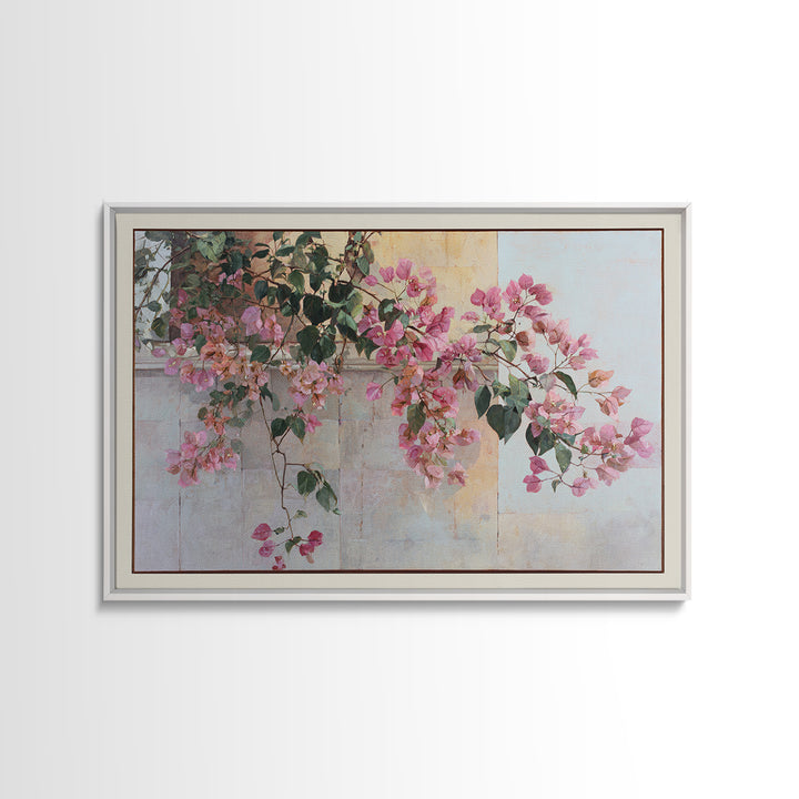 Pink Bougainvillea over White Wall Framed Canvas Print, Tropical Art, Digital Prints, Living Room Decor, Fine Art, Tropic, TRO-3x2-92