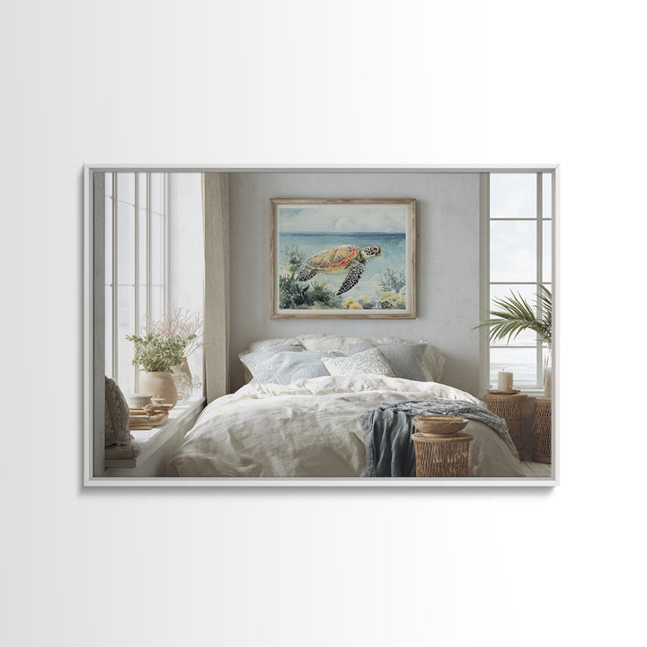 Sea Turtle Near Tropical Reef Framed Canvas Print, Tropical Art, Wall Art Prints, Living Room Decor, Fine Art, Tropic, TRO-3x2-95
