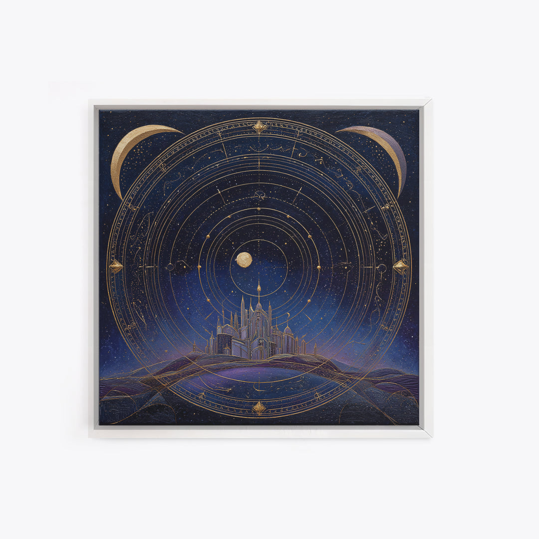 Night Skyline under Crescent Moon Framed Canvas Print, Urban Art, Digital Download Art, Living Room Decor, Abstract Art, Urban, URB-1x1-24