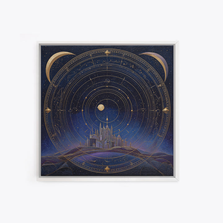 Night Skyline under Crescent Moon Framed Canvas Print, Urban Art, Digital Download Art, Living Room Decor, Abstract Art, Urban, URB-1x1-24