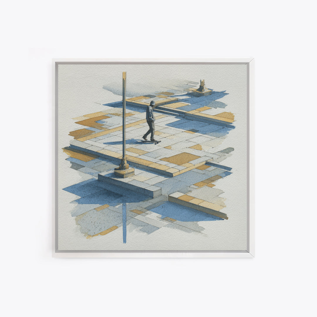 Skateboarder Crossing a Concrete Plaza Canvas Print, Urban Art, Basketball Wall Art, Living Room Decor, Watercolor Art, Urban, URB-1x1-55