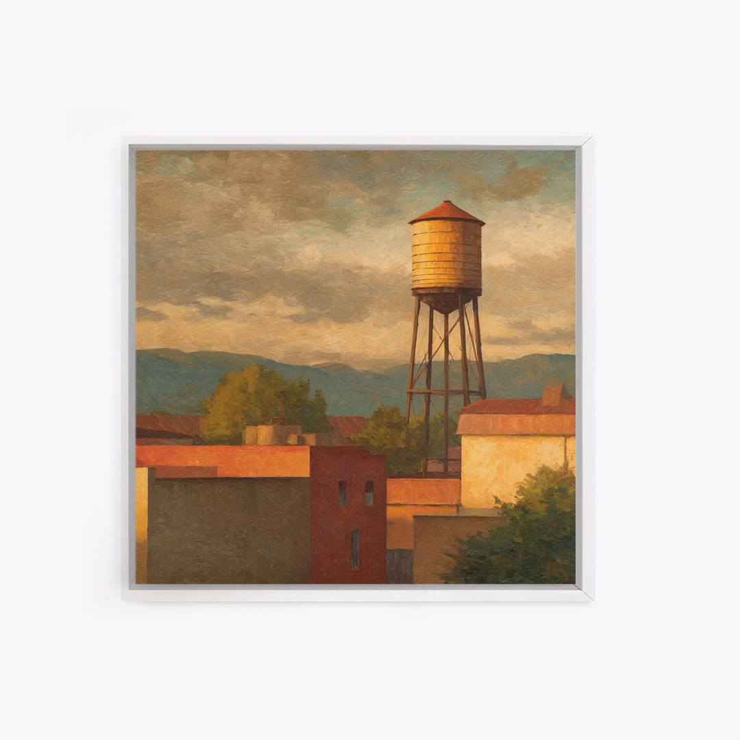 Rooftop Water Tower Framed Canvas Print, Urban Art, Statement Artwork, Living Room Decor, Abstract Art, Urban, Wall Decor, URB-1x1-57