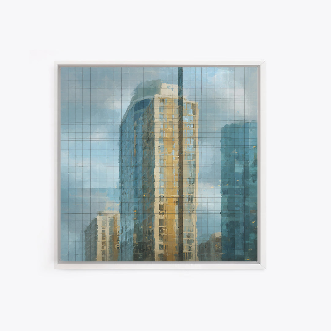 Modern Skyscraper Glass Reflections Framed Canvas Print, Urban Art, Pop Art, Living Room Decor, Fine Art, Urban, URB-1x1-62