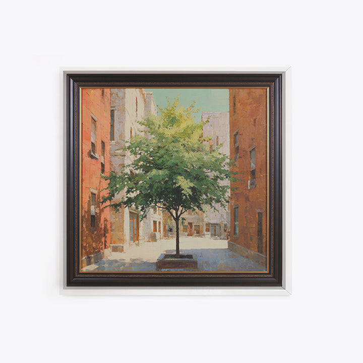 City Park Tree Framed by Buildings Framed Canvas Print, Urban Art, Colorful Wall Art, Living Room Decor, Abstract Art, Urban, URB-1x1-66