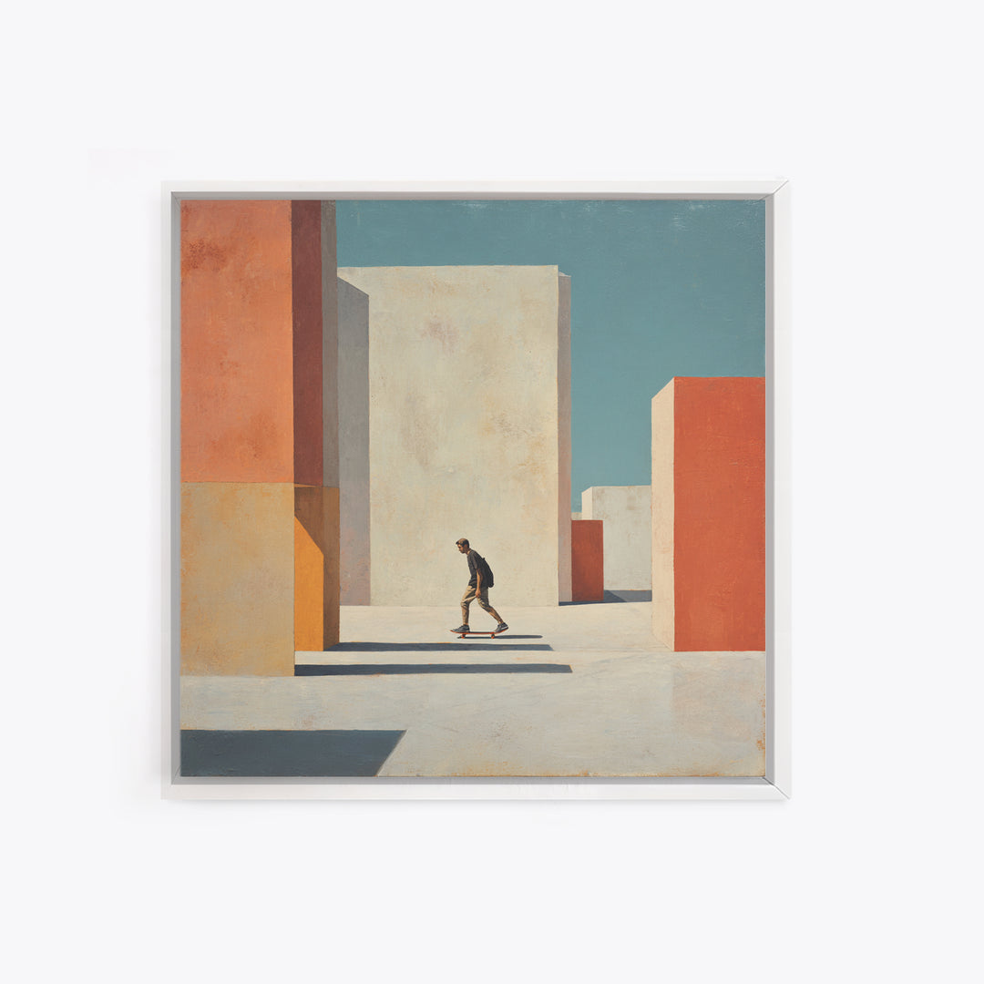 Skateboarder Crossing a Concrete Plaza Framed Canvas Print, Urban Art, Textured Wall Art, Living Room Decor, Fine Art, Urban, URB-1x1-7