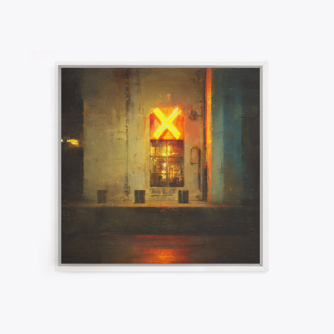 Neon Sign Glow Reflected on Black Street Framed Canvas Print, Urban Art, Gallery Decor, Living Room Decor, Fine Art, Urban, URB-1x1-78