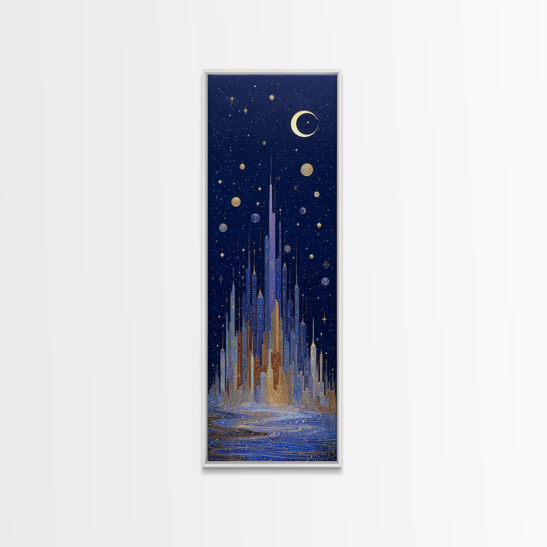 Night Skyline under Crescent Moon Canvas Print, Urban Art, Boho Decor, Living Room Decor, Abstract Art, Urban, Digital Prints, URB-1x3-12