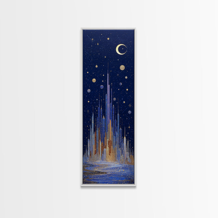 Night Skyline under Crescent Moon Canvas Print, Urban Art, Boho Decor, Living Room Decor, Abstract Art, Urban, Digital Prints, URB-1x3-12