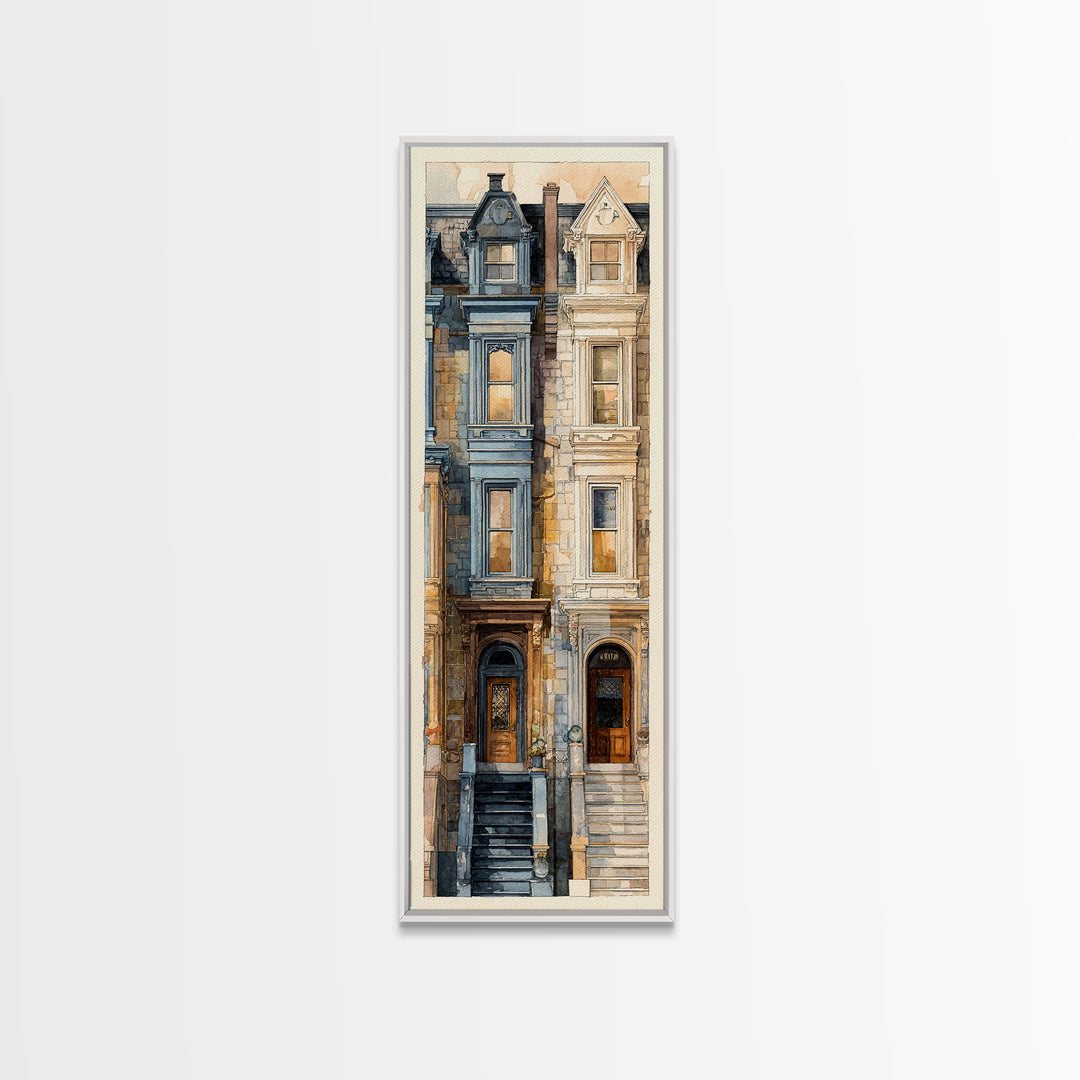 Brownstone Row in Soft Morning Light Framed Canvas Print, Urban Art, Art Print, Living Room Decor, Urban, Oil Painting, URB-1x3-24