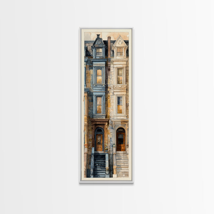 Brownstone Row in Soft Morning Light Framed Canvas Print, Urban Art, Art Print, Living Room Decor, Urban, Oil Painting, URB-1x3-24