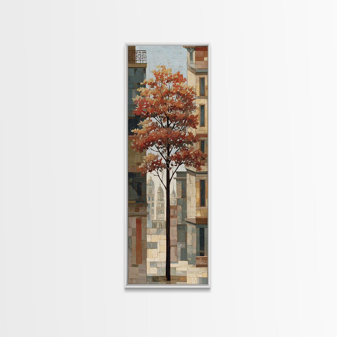 City Park Tree Framed by Buildings Framed Canvas Print, Urban Art, Canvas Painting, Living Room Decor, Oil Painting, Urban, URB-1x3-54
