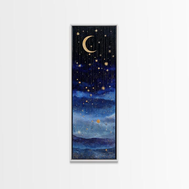 Night Skyline under Crescent Moon Canvas Print, Urban Art, Wall Decor, Living Room Decor, Fine Art, Urban, Living Room Wall Art, URB-1x3-60