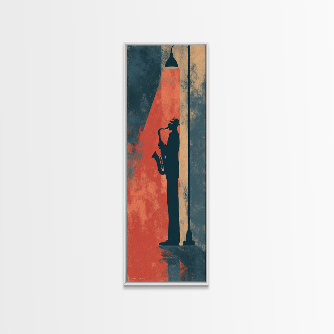 Urban Jazz Musician Silhouette Framed Canvas Print, Urban Art, Digital Print, Living Room Decor, Oil Painting, Urban, URB-1x3-76