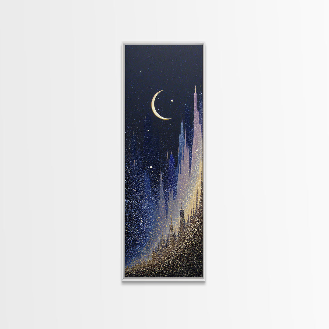 Night Skyline under Crescent Moon Framed Canvas Print, Urban Art, Original Art, Living Room Decor, Urban, Black Woman Art, URB-1x3-84