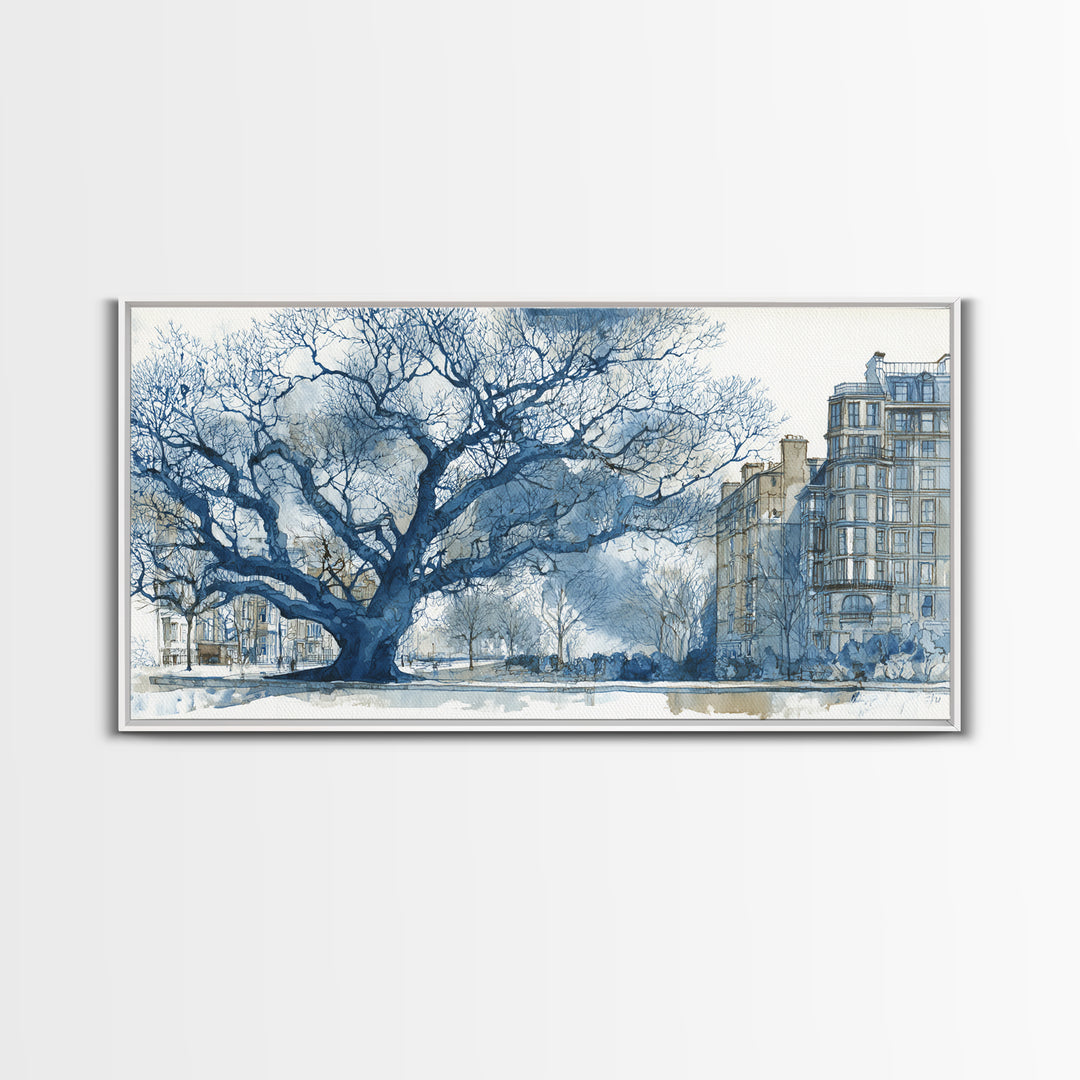 City Park Tree Framed by Buildings Framed Canvas Print, Urban Art, Fine Art Print, Living Room Decor, Watercolor Art, Urban, URB-2x1-14