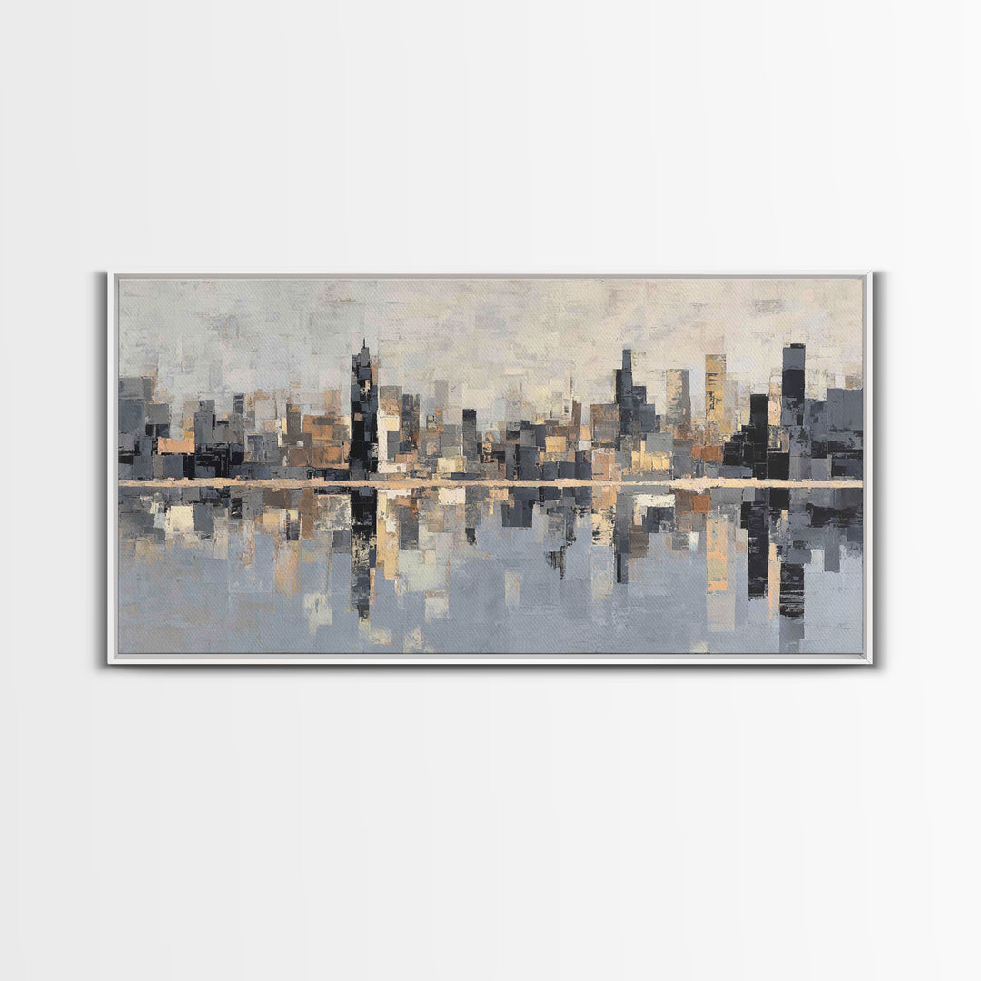 Moody City Skyline Reflected Framed Canvas Print, Urban Art, Original Painting, Living Room Decor, Urban, African American Art, URB-2x1-45
