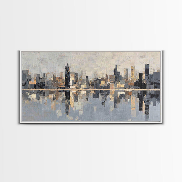 Moody City Skyline Reflected Framed Canvas Print, Urban Art, Original Painting, Living Room Decor, Urban, African American Art, URB-2x1-45