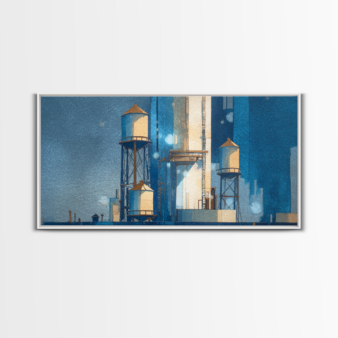 Rooftop Water Tower Framed Canvas Print, Urban Art, Poster, Living Room Decor, Watercolor Art, Urban, Modern Wall Art, URB-2x1-5