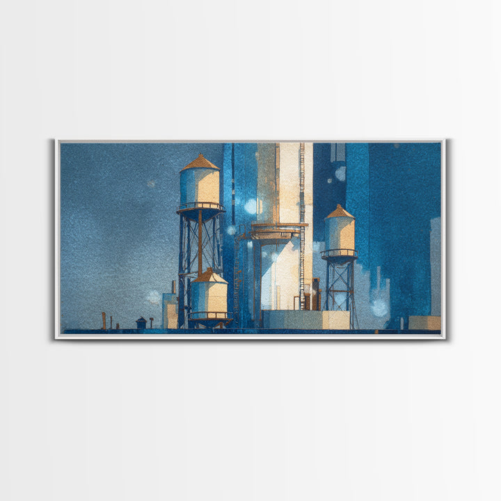 Rooftop Water Tower Framed Canvas Print, Urban Art, Poster, Living Room Decor, Watercolor Art, Urban, Modern Wall Art, URB-2x1-5