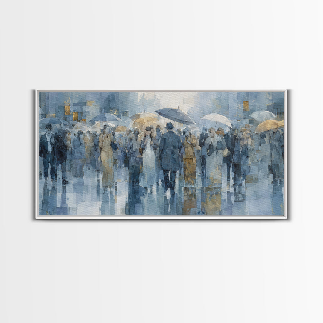 Rain Umbrella Figures Canvas Print, Urban Art, Oil Painting, Living Room Decor, Urban, Black Art Prints, Book Shelf Decor, URB-2x1-64