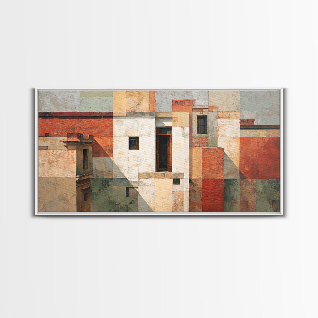 Brick Wall and Window Shadows as Geometry Canvas Print, Urban Art, Oil Painting, Living Room Decor, Urban, Black Art Prints, URB-2x1-73