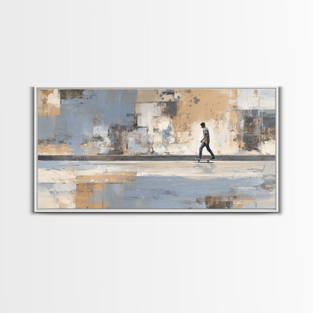 Skateboarder Crossing a Concrete Plaza Framed Canvas Print, Urban Art, Boho Decor, Living Room Decor, Fine Art, Urban, URB-2x1-75