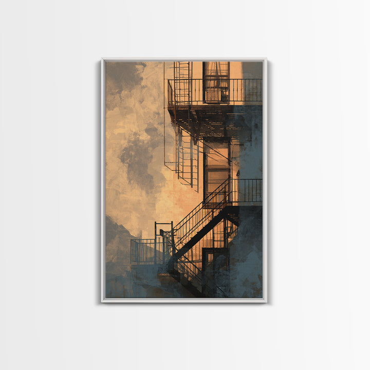 Fire Escape Silhouette Canvas Print, Urban Art, Luxury Decor, Living Room Decor, Fine Art, Urban, Oil Painting, URB-2x3-10