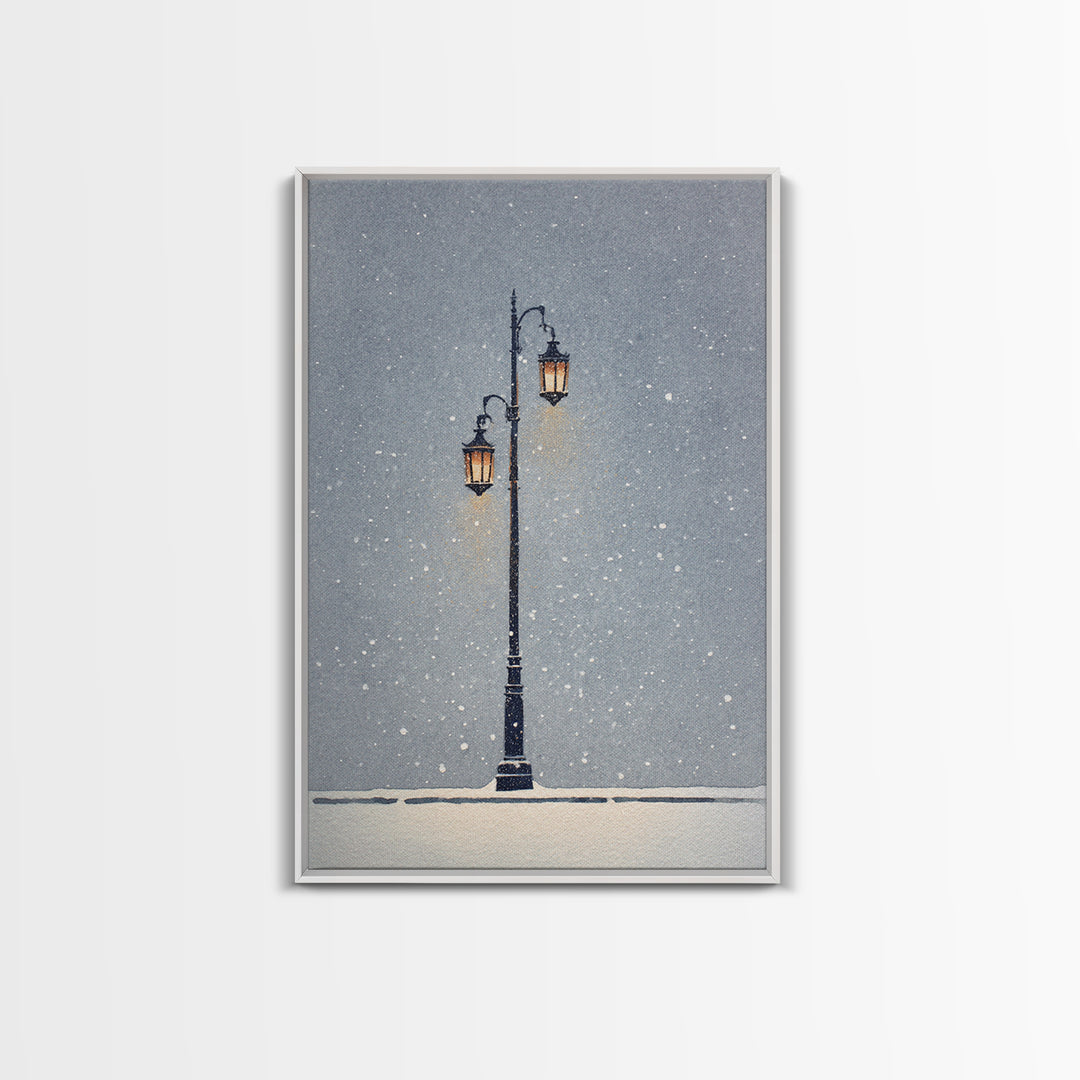Streetlamp and Falling Snow Framed Canvas Print, Urban Art, Contemporary Art, Living Room Decor, Oil Painting, Urban, URB-2x3-21