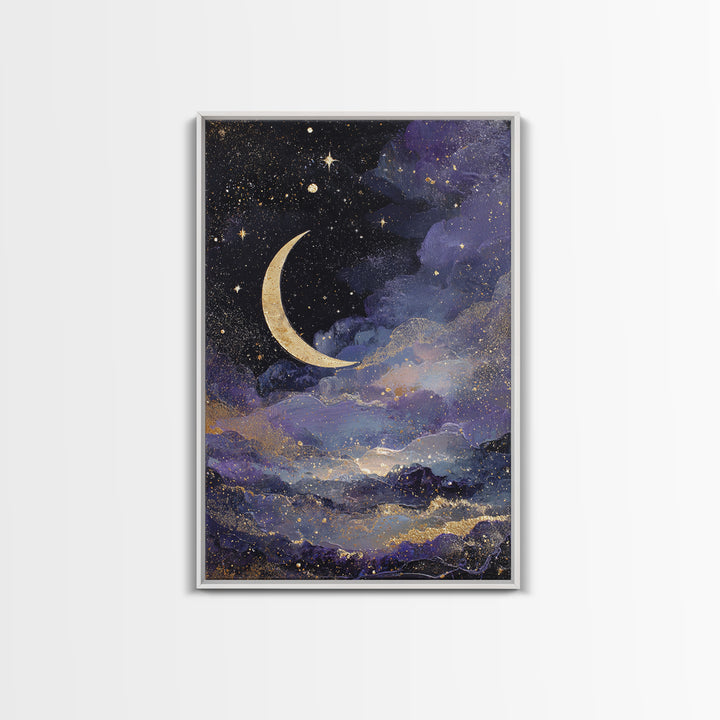 Night Skyline under Crescent Moon Canvas Print, Urban Art, Black Girl Wall Art, Living Room Decor, Abstract Art, Urban, URB-2x3-32