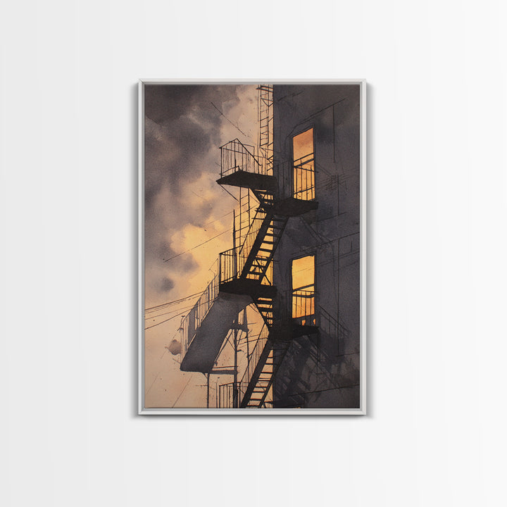 Fire Escape Silhouette Framed Canvas Print, Urban Art, Contemporary Art, Living Room Decor, Fine Art, Urban, Black Art, URB-2x3-34