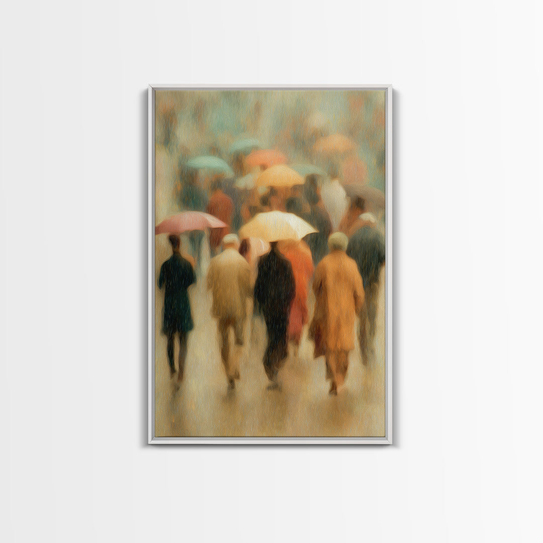 Rain Umbrella Figures Framed Canvas Print, Urban Art, Statement Artwork, Living Room Decor, Fine Art, Urban, Wall Decor, URB-2x3-4