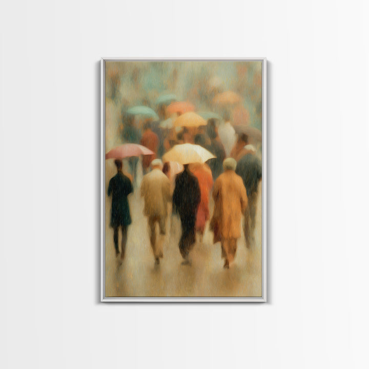 Rain Umbrella Figures Framed Canvas Print, Urban Art, Statement Artwork, Living Room Decor, Fine Art, Urban, Wall Decor, URB-2x3-4