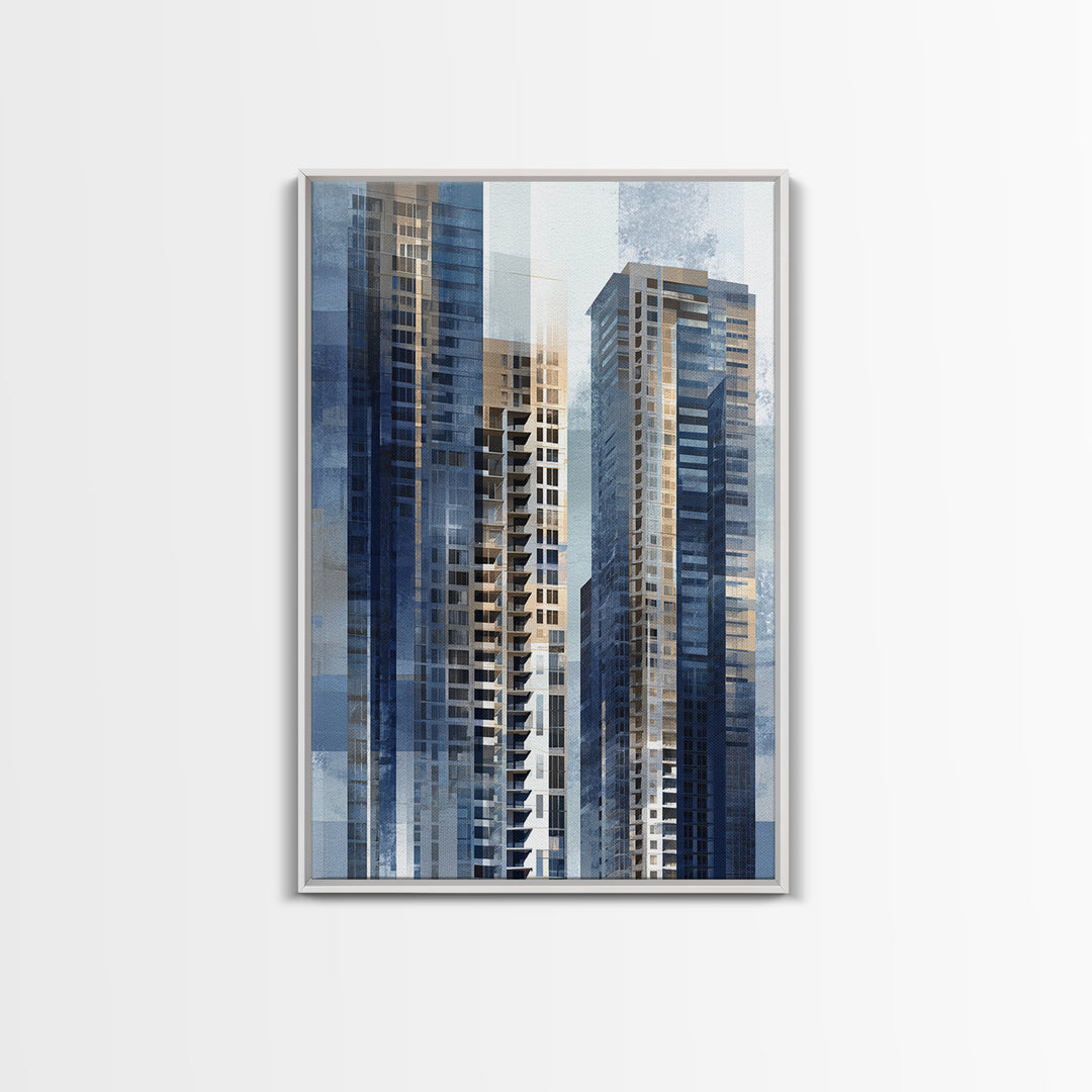 Modern Skyscraper Glass Reflections Framed Canvas Print, Urban Art, Textured Painting, Living Room Decor, Fine Art, Urban, URB-2x3-46