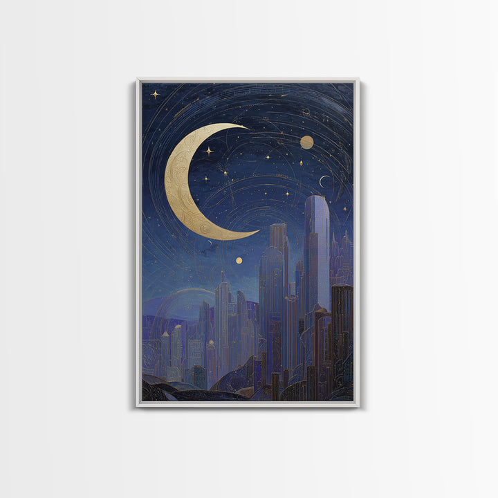 Night Skyline under Crescent Moon Framed Canvas Print, Urban Art, Neutral Decor, Living Room Decor, Fine Art, Urban, Wall Art, URB-2x3-56