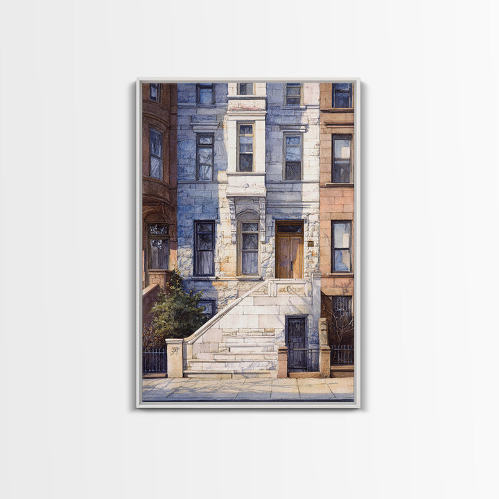Brownstone Row in Soft Morning Light Framed Canvas Print, Urban Art, Art Deco, Living Room Decor, Urban, Book Shelf Decor, URB-2x3-68