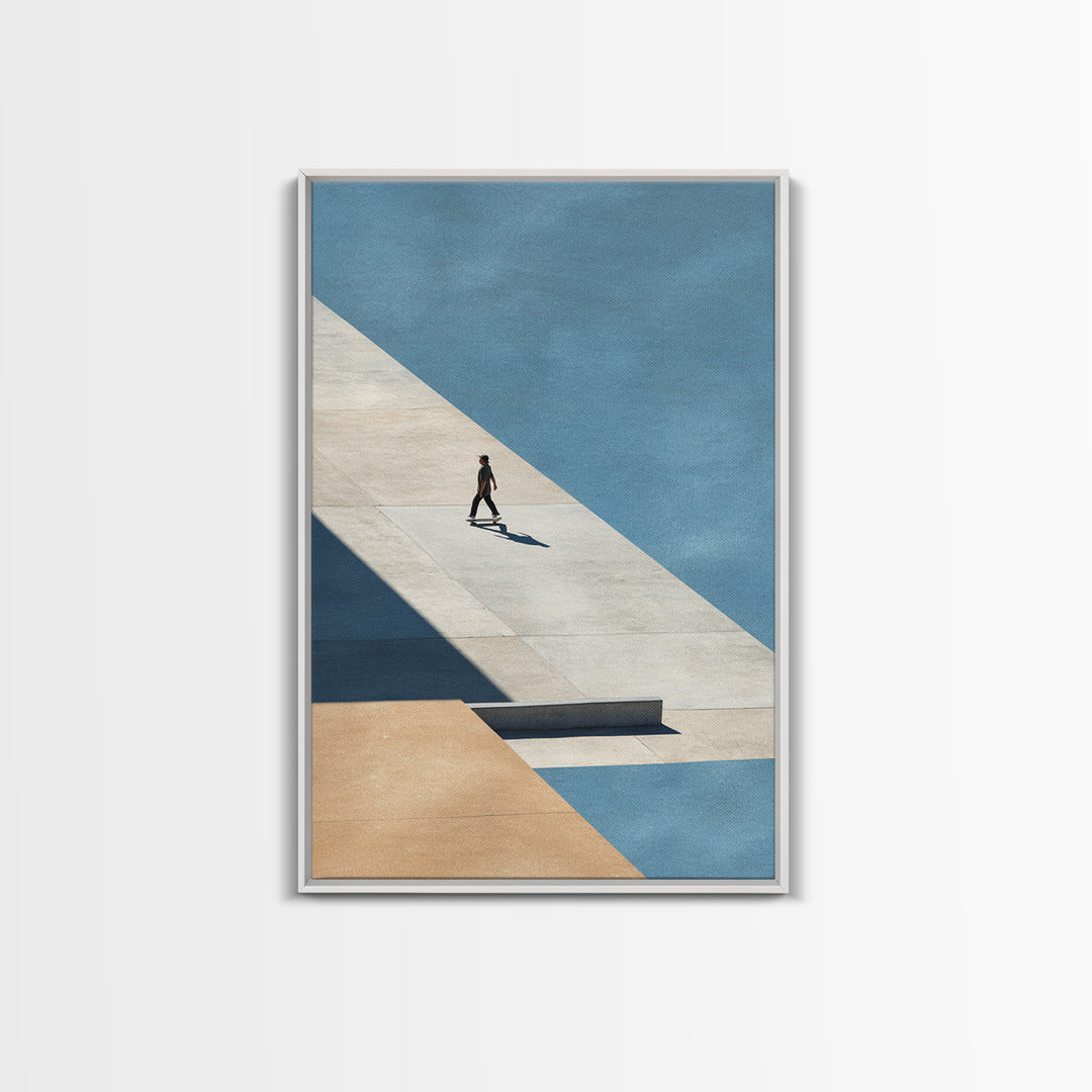 Skateboarder Crossing a Concrete Plaza Framed Canvas Print, Urban Art, Living Room Wall Art, Living Room Decor, Fine Art, Urban, URB-2x3-87